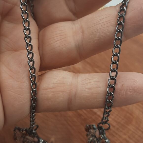 Light Yellow and Pink Cabochon Statement Necklace Gunmetal‎ Gray Chain - Picture 4 of 8